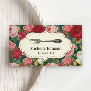 Vintage Red Roses Floral Fork Catering Chef Business Card