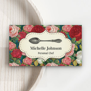 Vintage Red Roses Floral Spoon Catering Chef Business Card