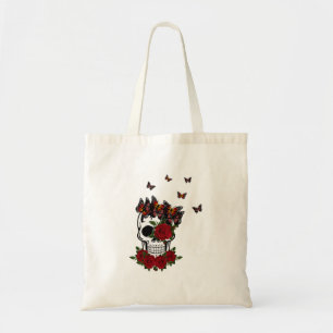 Vintage Red Roses Flowers And Butterfly Skull Tote Bag