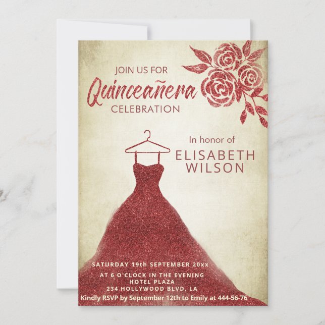 Vintage red roses glittery dress Quinceañera  Invitation (Front)