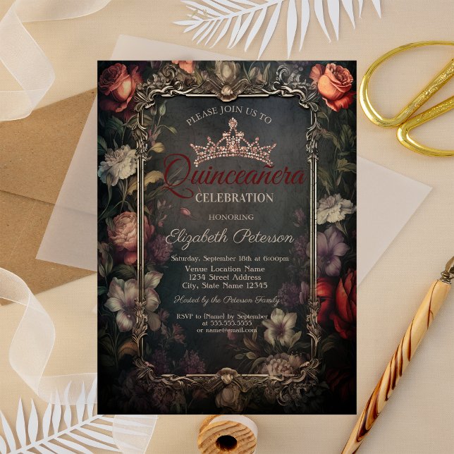 Vintage Red Roses Gothic Stripes Quinceañera  Invitation (Creator Uploaded)