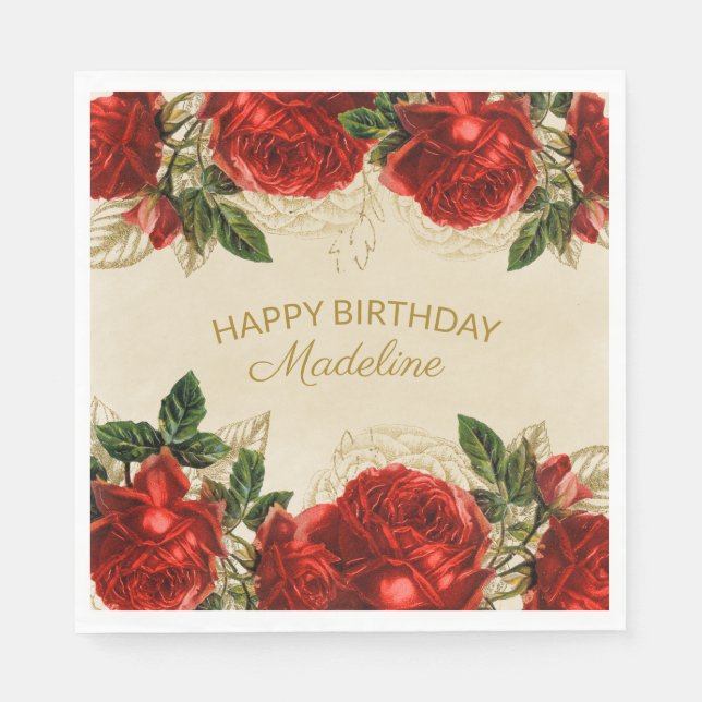 Vintage Red Roses Happy Birthday Women's Napkin (Front)