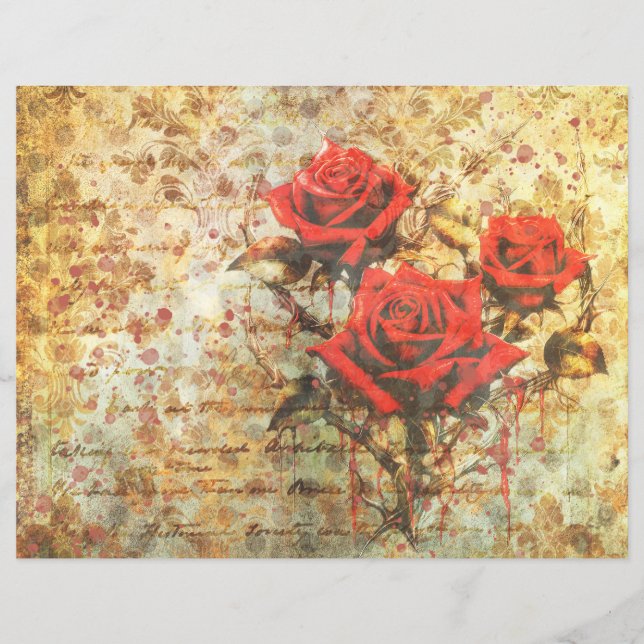 Vintage Red Roses Junk Journal Paper - Distressed  (Front)