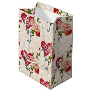Vintage Red Roses & Key to My Heart Valentine's Medium Gift Bag