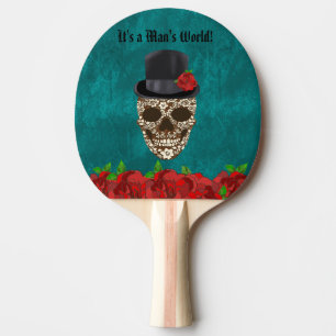 Vintage Red Roses Male Female Sugar Skulls Ping Pong Paddle