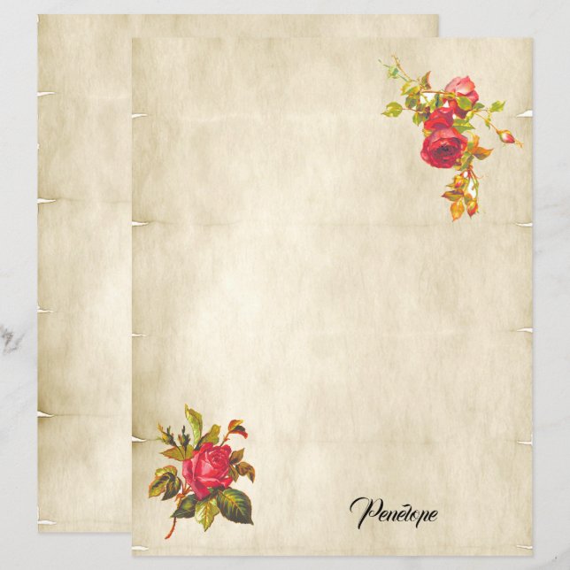 Vintage Red Roses on Parchment and Name Stationery (Front/Back)
