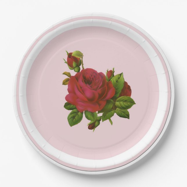 Vintage Red Roses Party Paper Plate (Front)