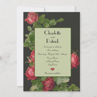 Vintage Red Roses Sage Green Wedding Invitation 