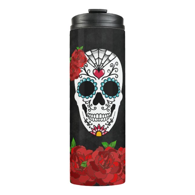 Vintage Red Roses Sugar Skull Thermal Tumbler (Front)