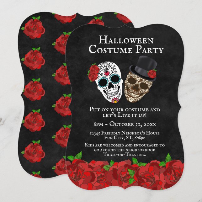 Vintage Red Roses Sugar Skulls Halloween Party Invitation (Front/Back)