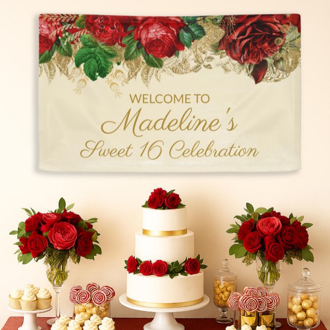 Vintage Red Roses Sweet 16 Banner (Red roses Sweet 16 birthday party banner)