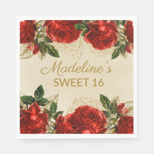 Vintage Red Roses Sweet 16 Birthday Napkin