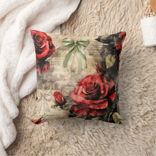 Vintage Red Roses Throw Pillow