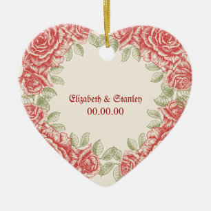 Vintage Red roses Wedding Save the Date ornament