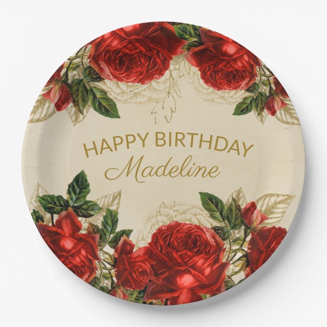 Vintage Red Roses Women's Happy Birthday Paper Plate (Front)