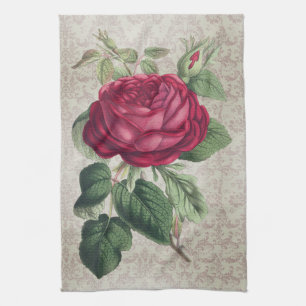 Vintage Red Ross with Damask  Tea Towel