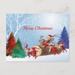 Vintage Red Santa Log Watercolor Trees Christmas Holiday Postcard