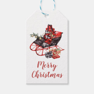 Vintage Red Sleigh Snow Christmas Metal Ornament Gift Tags