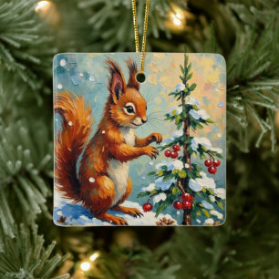 Vintage Red Squirrel Pine Tree Christmas Ceramic Ornament