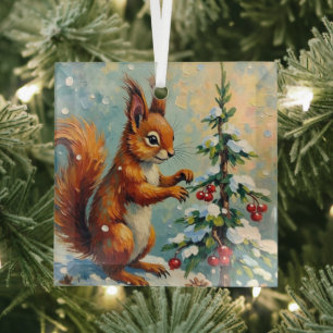 Vintage Red Squirrel Pine Tree Christmas Glass Tree Decoration