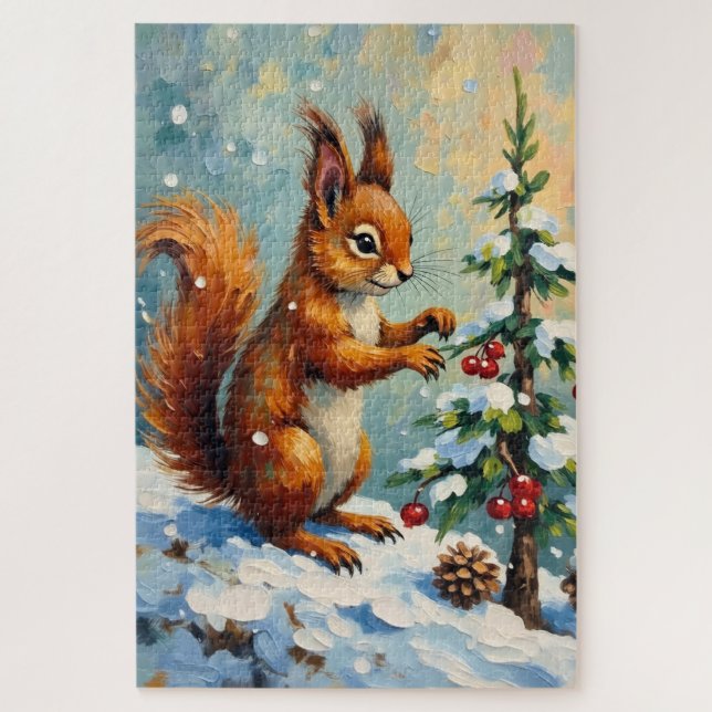 Vintage Red Squirrel Pine Tree Christmas Jigsaw Puzzle (Vertical)