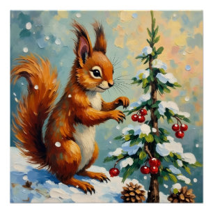 Vintage Red Squirrel Pine Tree Christmas Poster
