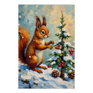 Vintage Red Squirrel Pine Tree Christmas Poster