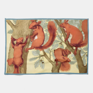 Vintage red squirrels nature fall Verneuil art Tea Towel