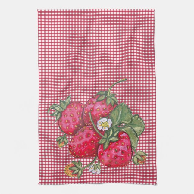 Vintage Red Strawberry Gingham Country Rustic Tea Towel (Vertical)