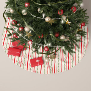 Vintage Red Stripe and Watercolor Floral Brushed Polyester Tree Skirt