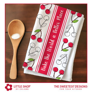 Vintage Red Stripe Cherry Pattern Customisable Tea Towel