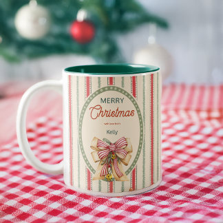 Vintage red stripes grand millennial Christmas Two-Tone Coffee Mug