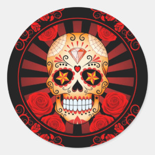 Vintage Red Sugar Skull with Roses Poster Classic Round Sticker
