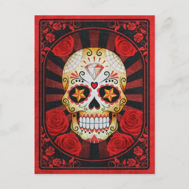 Vintage Red Sugar Skull with Roses Poster Postcard (Front)