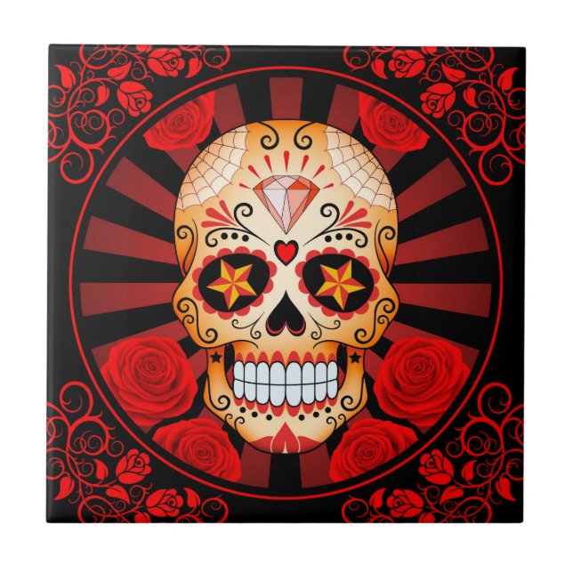 Vintage Red Sugar Skull with Roses Poster Tile (Front)