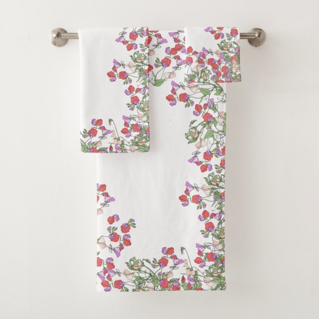Vintage Red Sweet Pea Flowers Bath Towel Set (Insitu)