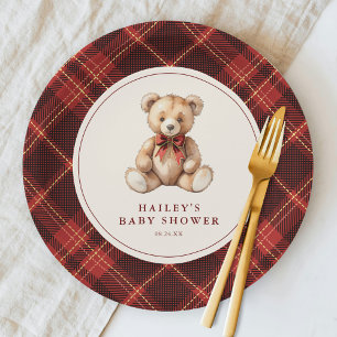 Vintage Red Tartan Teddy Bear Baby Shower Paper Plate