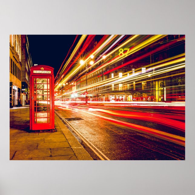 Vintage Red Telephone Box at Night in London Poster (Front)