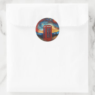 Vintage Red Telephone Box On Colorful Starry Night Classic Round Sticker