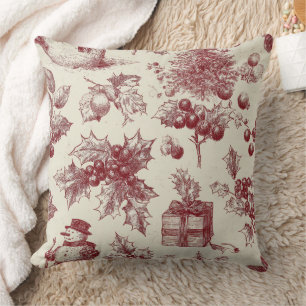 Vintage Red Toile Christmas Botanical - Holly Cushion