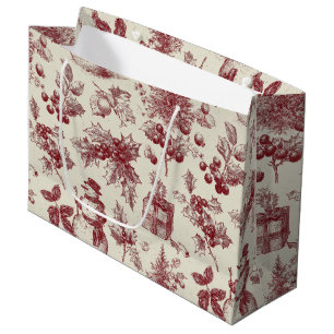 Vintage Red Toile Christmas Botanical - Holly Large Gift Bag