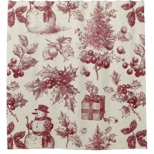 Vintage Red Toile Christmas Botanical - Holly Shower Curtain (Front)