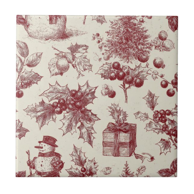 Vintage Red Toile Christmas Botanical - Holly Tile (Front)