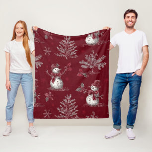 Vintage Red Toile Christmas Botanical - Snowman Fleece Blanket
