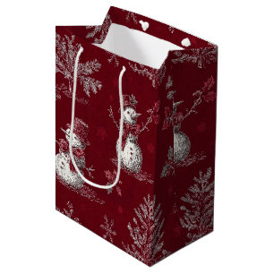 Vintage Red Toile Christmas Botanical - Snowman Medium Gift Bag