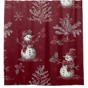 Vintage Red Toile Christmas Botanical - Snowman Shower Curtain