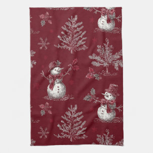 Vintage Red Toile Christmas Botanical - Snowman Tea Towel
