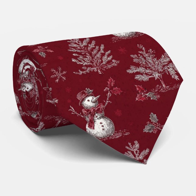 Vintage Red Toile Christmas Botanical - Snowman Tie (Rolled)