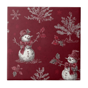 Vintage Red Toile Christmas Botanical - Snowman Tile