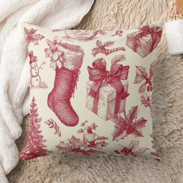Vintage Red Toile Christmas Pattern with Stockings Cushion (Blanket)